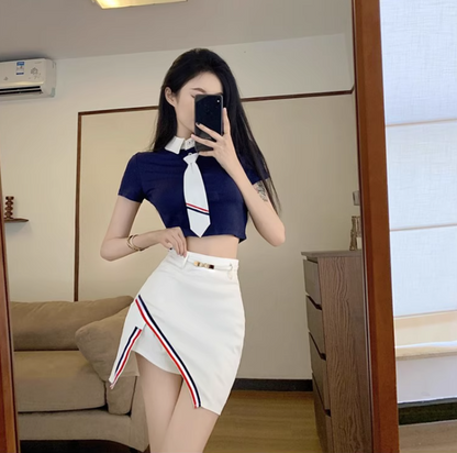 Chic Preppy Co-ord Set Navy Crop Top White Mini Skirt Vibrant Striped Tie Cutout Short Dress AP1705