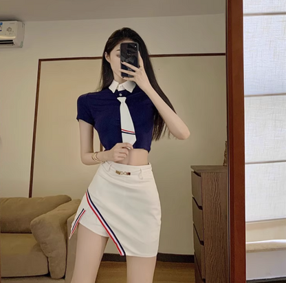 Chic Preppy Co-ord Set Navy Crop Top White Mini Skirt Vibrant Striped Tie Cutout Short Dress AP1705
