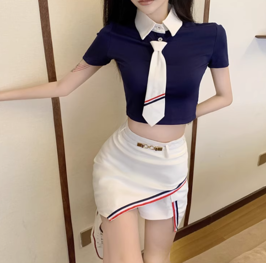 Chic Preppy Co-ord Set Navy Crop Top White Mini Skirt Vibrant Striped Tie Cutout Short Dress AP1705