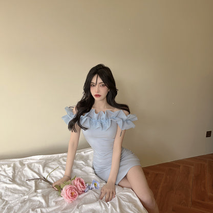 Fashion Light Blue Off-Shoulder Ruffles Trimmed Neckline Mini Dress Dreamy Sheath Parties Outfit Sleeveless Short Dress AP1706