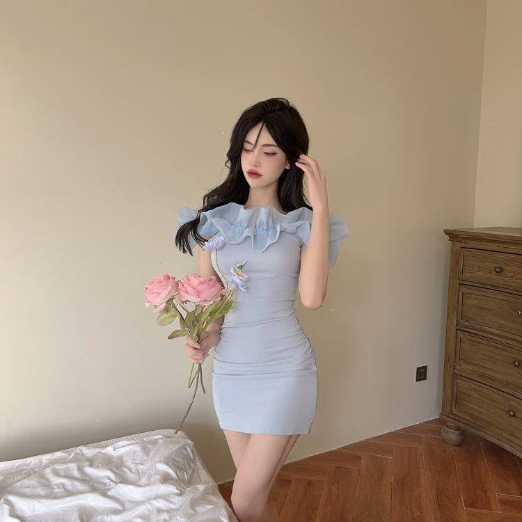 Fashion Light Blue Off-Shoulder Ruffles Trimmed Neckline Mini Dress Dreamy Sheath Parties Outfit Sleeveless Short Dress AP1706