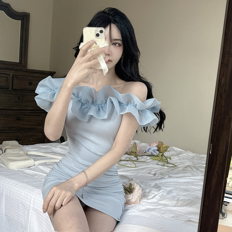 Fashion Light Blue Off-Shoulder Ruffles Trimmed Neckline Mini Dress Dreamy Sheath Parties Outfit Sleeveless Short Dress AP1706