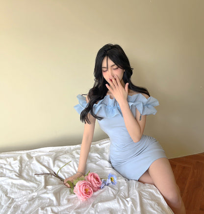 Fashion Light Blue Off-Shoulder Ruffles Trimmed Neckline Mini Dress Dreamy Sheath Parties Outfit Sleeveless Short Dress AP1706