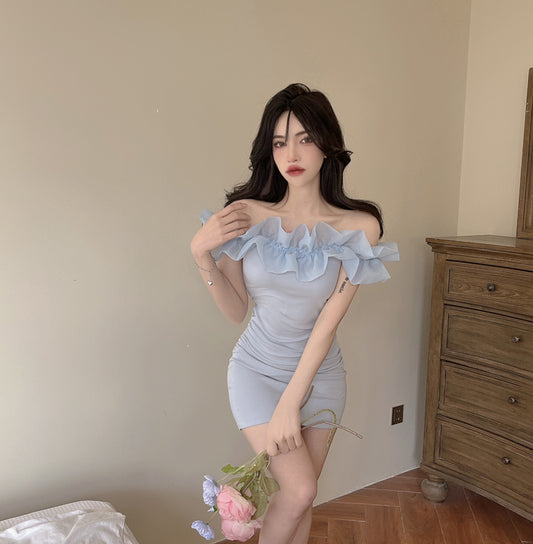 Fashion Light Blue Off-Shoulder Ruffles Trimmed Neckline Mini Dress Dreamy Sheath Parties Outfit Sleeveless Short Dress AP1706