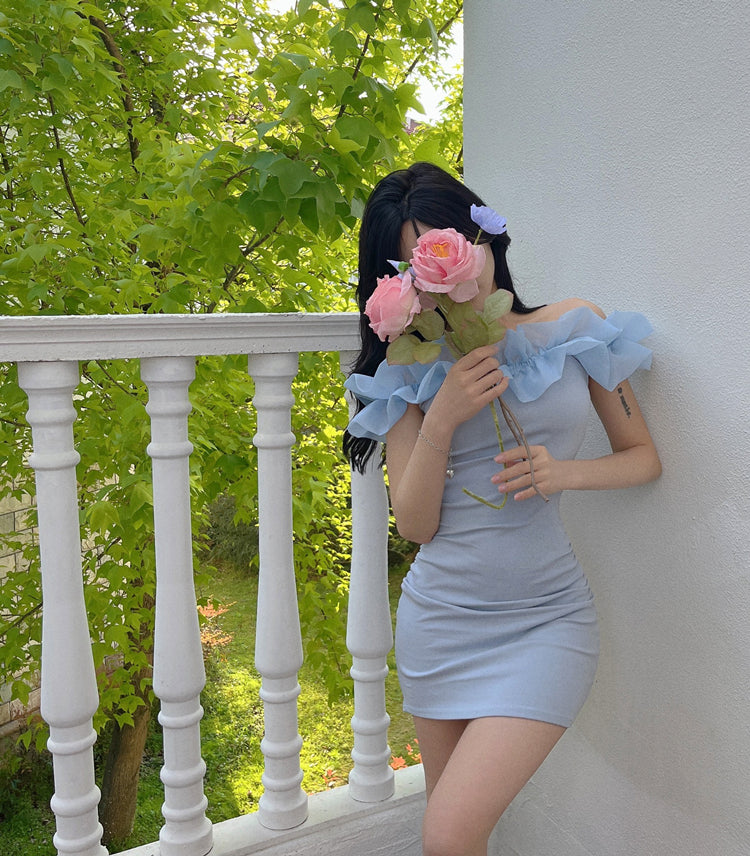 Fashion Light Blue Off-Shoulder Ruffles Trimmed Neckline Mini Dress Dreamy Sheath Parties Outfit Sleeveless Short Dress AP1706