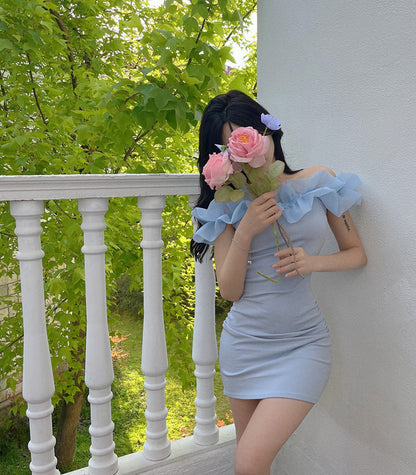 Fashion Light Blue Off-Shoulder Ruffles Trimmed Neckline Mini Dress Dreamy Sheath Parties Outfit Sleeveless Short Dress AP1706