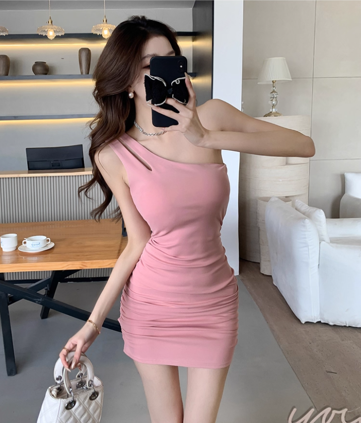 Cute Cutout Bodycon Soft Fabric Draped Mini Dress Minimalist Pink One-Shoulder Asymmetric Neckline Short Dress AP1708