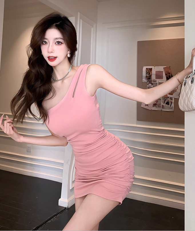 Cute Cutout Bodycon Soft Fabric Draped Mini Dress Minimalist Pink One-Shoulder Asymmetric Neckline Short Dress AP1708