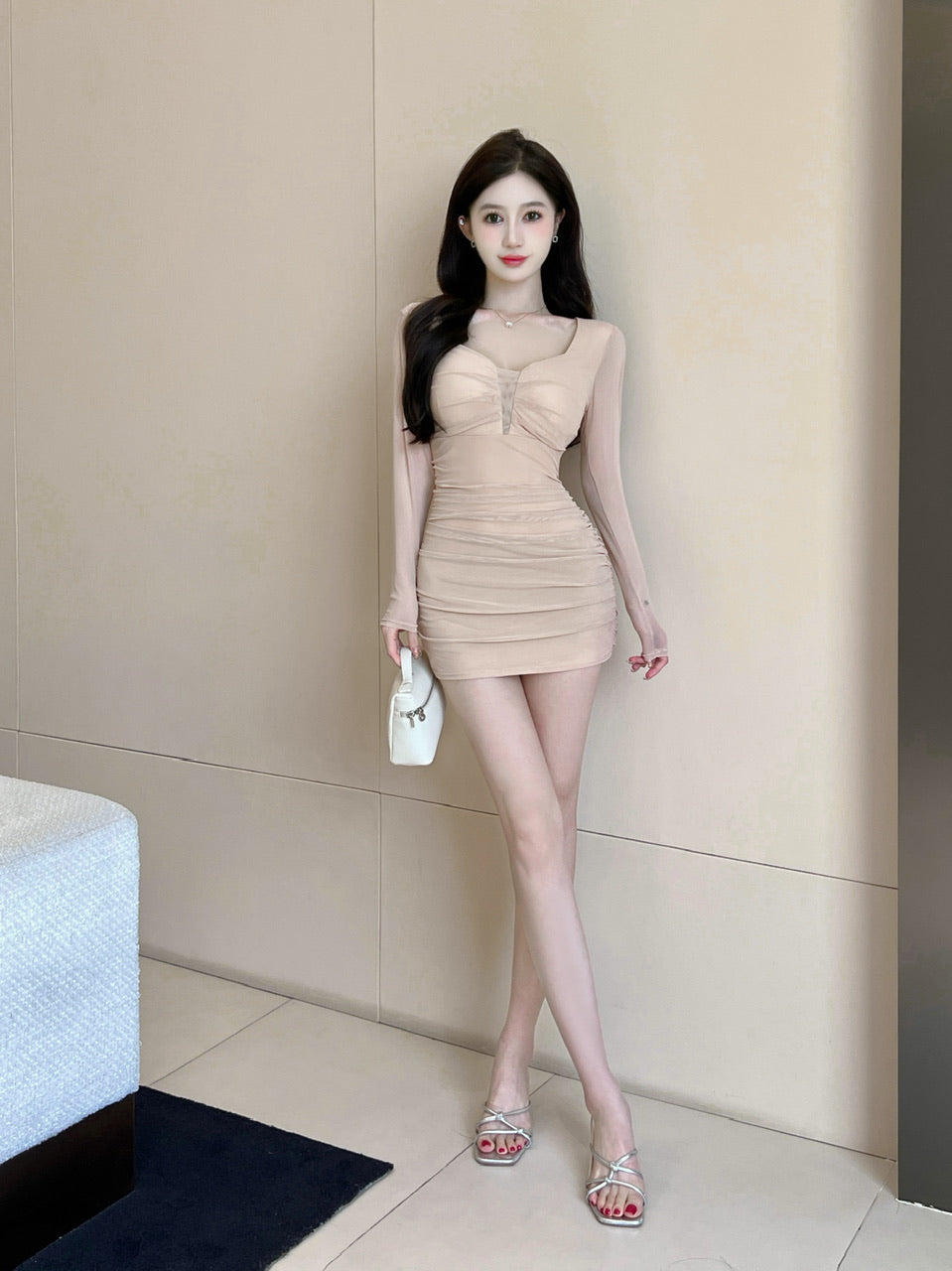 Classical Beige Mesh Overlay Ruched Mini Skirt Fashionable Slim Fit Party Outfit Long Sleeve Short Dress AP1709