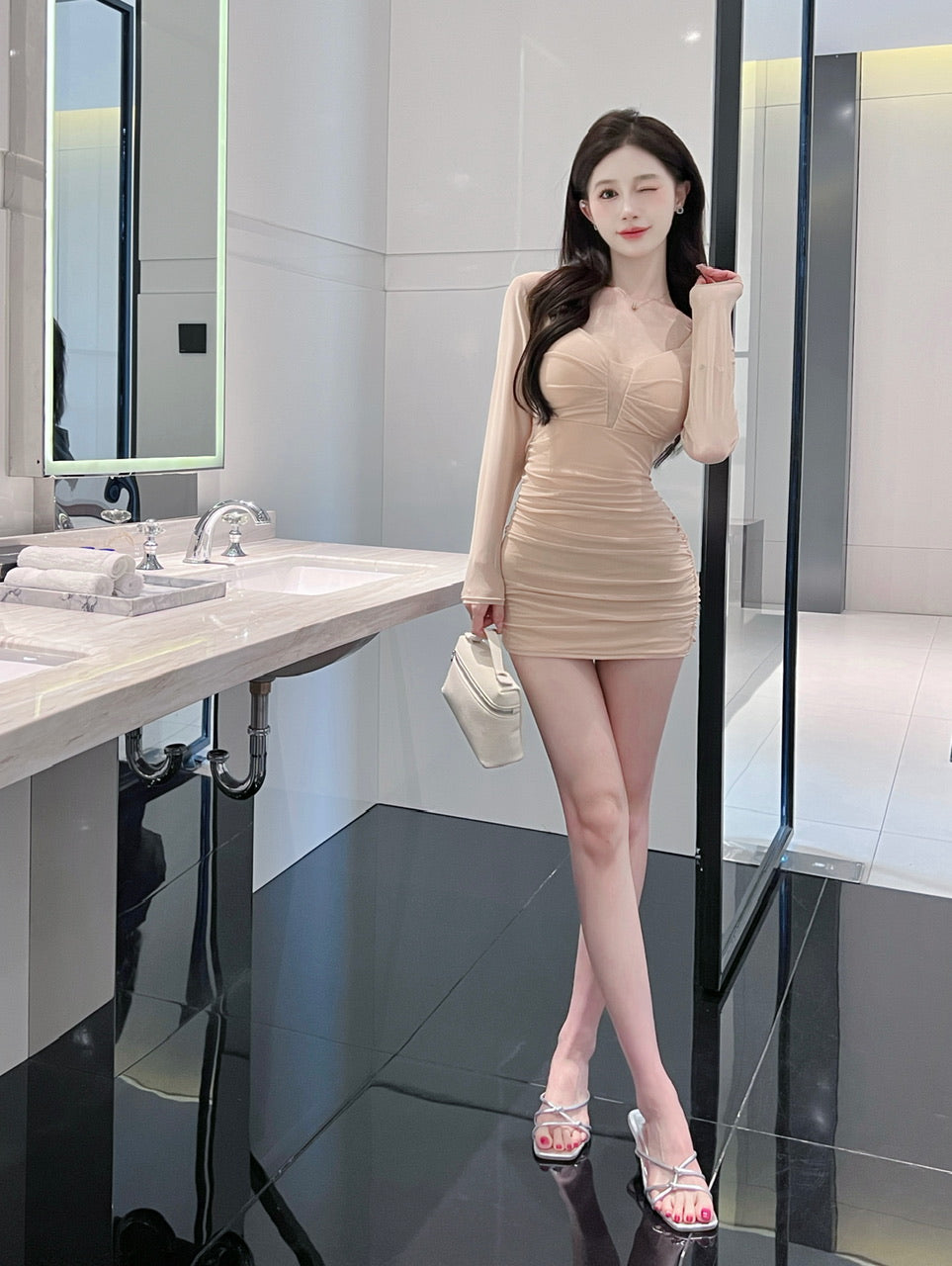 Classical Beige Mesh Overlay Ruched Mini Skirt Fashionable Slim Fit Party Outfit Long Sleeve Short Dress AP1709