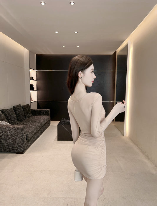 Classical Beige Mesh Overlay Ruched Mini Skirt Fashionable Slim Fit Party Outfit Long Sleeve Short Dress AP1709