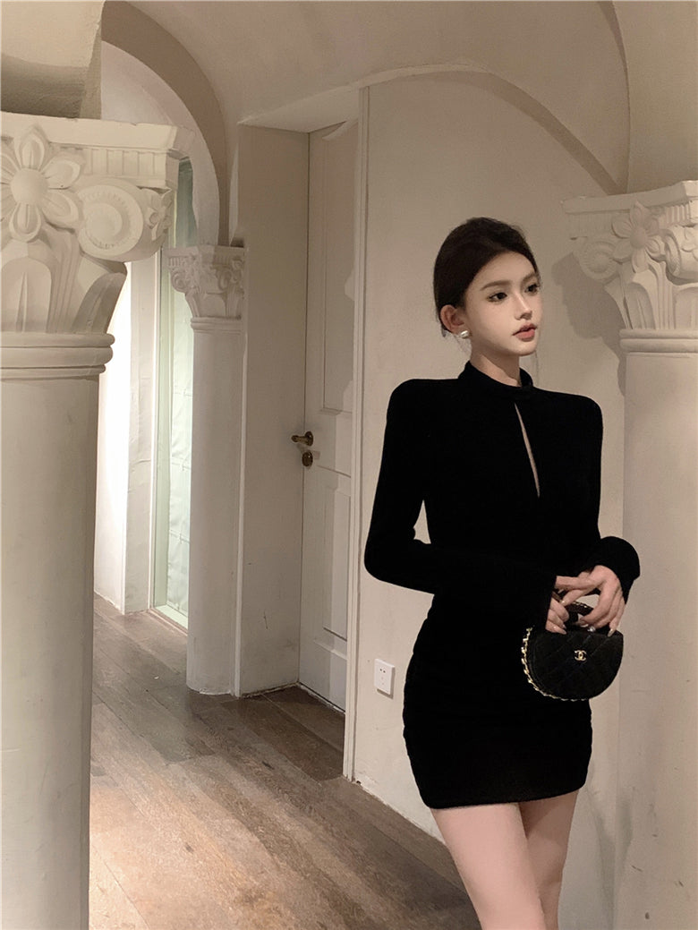 Graceful Round Neck Keyhole Mini Skirt Charming Minimalist Black Long Sleeve Short Dress AP1710