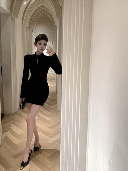 Graceful Round Neck Keyhole Mini Skirt Charming Minimalist Black Long Sleeve Short Dress AP1710