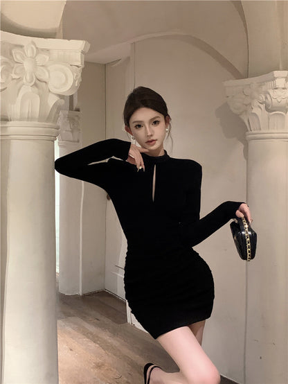 Graceful Round Neck Keyhole Mini Skirt Charming Minimalist Black Long Sleeve Short Dress AP1710