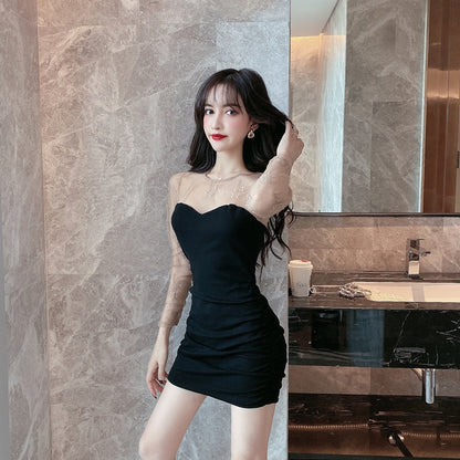 New Arrival Textured Gold Floral Mesh Long Sleeve Mini Skirt Classical Summer Outfit Black Sheath Short Dress AP1711