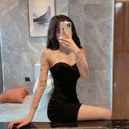 New Arrival Textured Gold Floral Mesh Long Sleeve Mini Skirt Classical Summer Outfit Black Sheath Short Dress AP1711