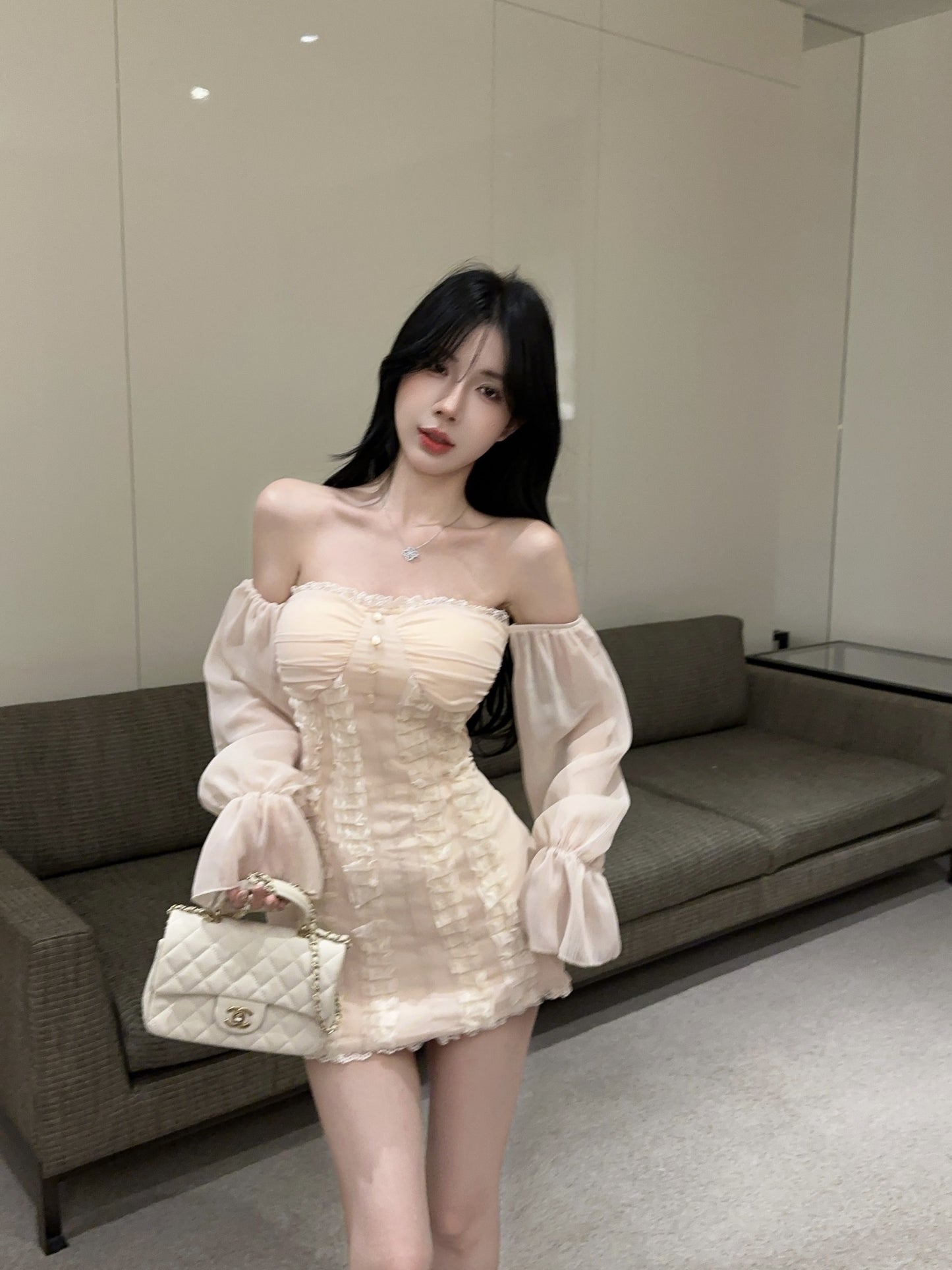 New Tendency Off-Shoulder Sheer Long Sleeve Mini Skirt Elegant Lace Ruffles Trimmed Pearl Buttons Short Dress AP1712