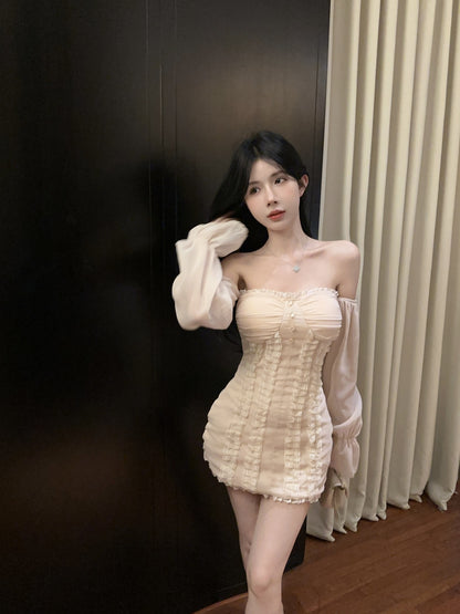 New Tendency Off-Shoulder Sheer Long Sleeve Mini Skirt Elegant Lace Ruffles Trimmed Pearl Buttons Short Dress AP1712