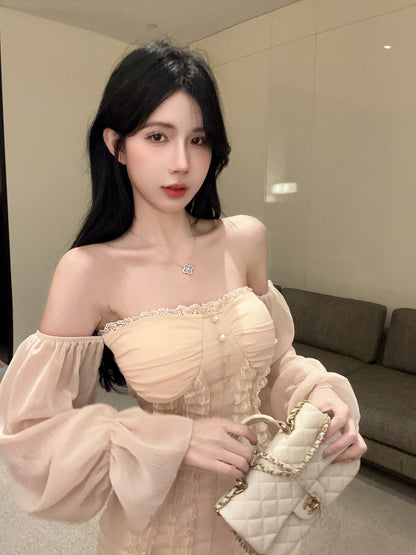 New Tendency Off-Shoulder Sheer Long Sleeve Mini Skirt Elegant Lace Ruffles Trimmed Pearl Buttons Short Dress AP1712