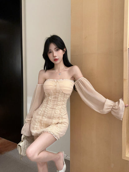 New Tendency Off-Shoulder Sheer Long Sleeve Mini Skirt Elegant Lace Ruffles Trimmed Pearl Buttons Short Dress AP1712