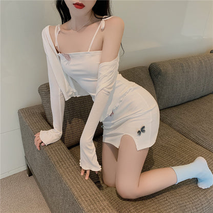 Everyday Outfit Spaghetti Strap White Slit Mini Skirt Matching Cropped Cardigan Vogue White Bodycon Colorful Butterflies Accents Short Dress AP1714