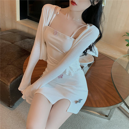 Everyday Outfit Spaghetti Strap White Slit Mini Skirt Matching Cropped Cardigan Vogue White Bodycon Colorful Butterflies Accents Short Dress AP1714