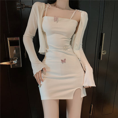 Everyday Outfit Spaghetti Strap White Slit Mini Skirt Matching Cropped Cardigan Vogue White Bodycon Colorful Butterflies Accents Short Dress AP1714