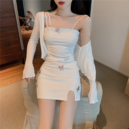 Everyday Outfit Spaghetti Strap White Slit Mini Skirt Matching Cropped Cardigan Vogue White Bodycon Colorful Butterflies Accents Short Dress AP1714
