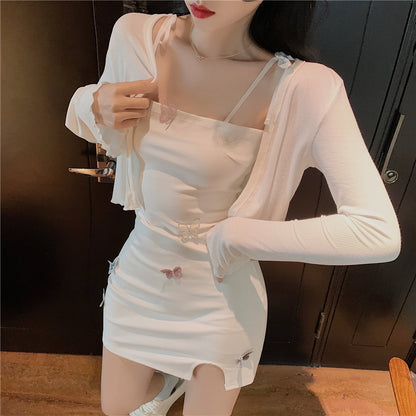Everyday Outfit Spaghetti Strap White Slit Mini Skirt Matching Cropped Cardigan Vogue White Bodycon Colorful Butterflies Accents Short Dress AP1714