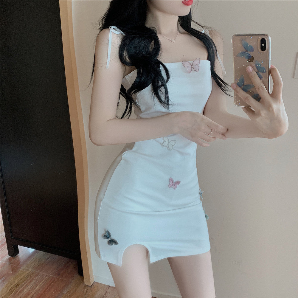 Everyday Outfit Spaghetti Strap White Slit Mini Skirt Matching Cropped Cardigan Vogue White Bodycon Colorful Butterflies Accents Short Dress AP1714