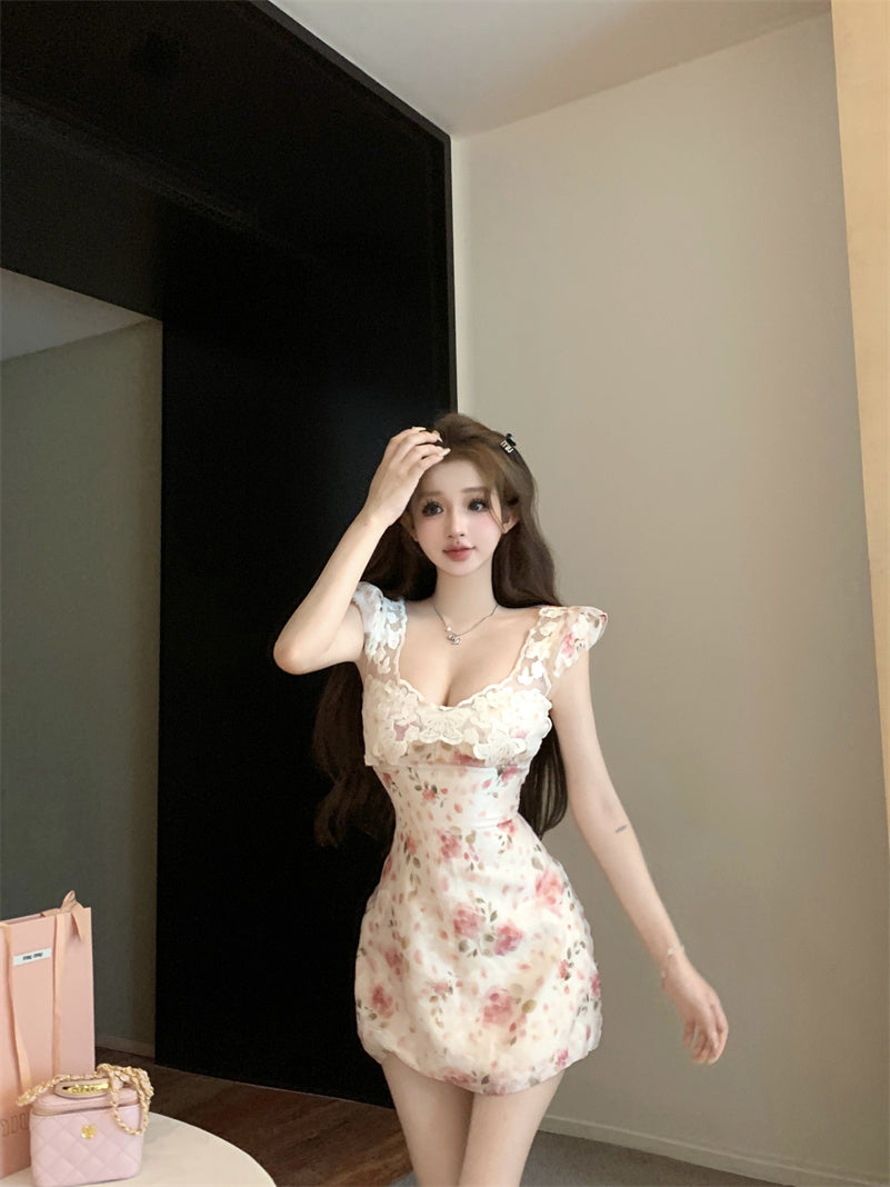 Elegant Pink Floral Print Bodycon Mini Skirt French-Inspired Flutter Strap White Lace Trimmed Short Dress AP1715