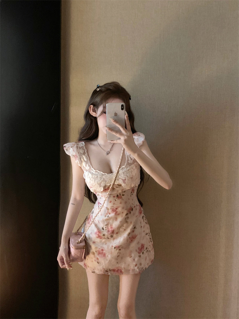 Elegant Pink Floral Print Bodycon Mini Skirt French-Inspired Flutter Strap White Lace Trimmed Short Dress AP1715