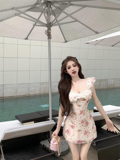 Elegant Pink Floral Print Bodycon Mini Skirt French-Inspired Flutter Strap White Lace Trimmed Short Dress AP1715