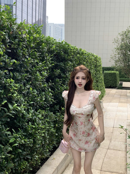 Elegant Pink Floral Print Bodycon Mini Skirt French-Inspired Flutter Strap White Lace Trimmed Short Dress AP1715