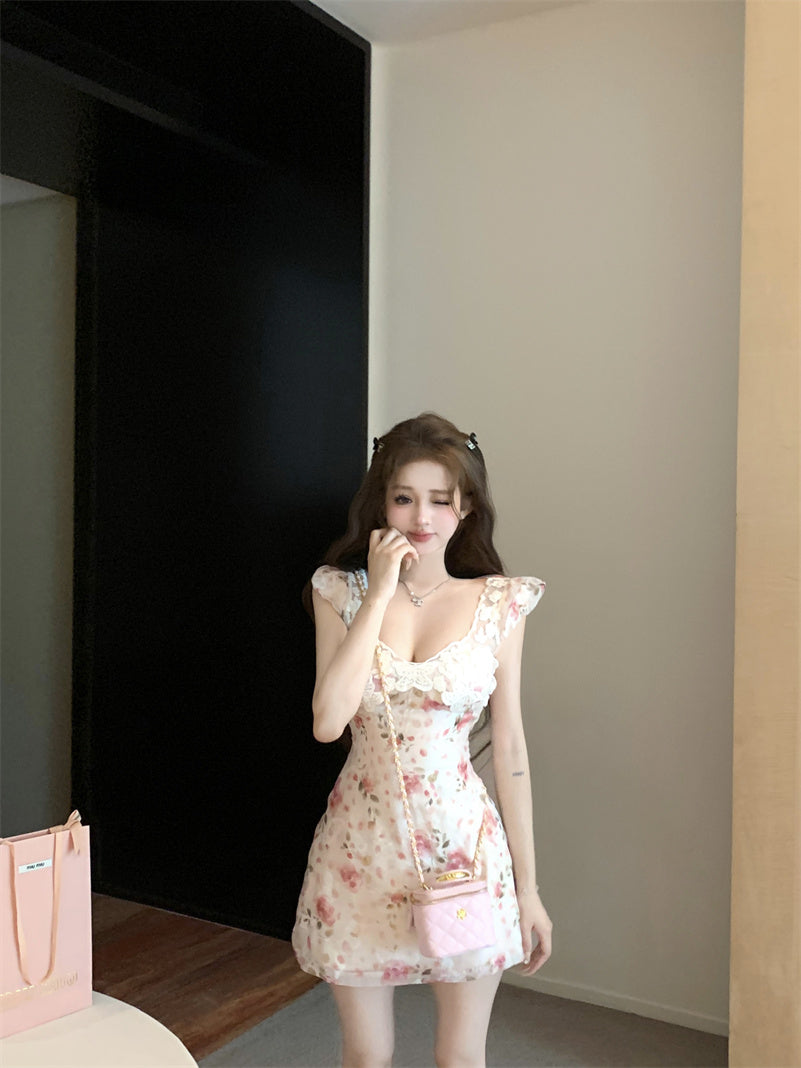 Elegant Pink Floral Print Bodycon Mini Skirt French-Inspired Flutter Strap White Lace Trimmed Short Dress AP1715
