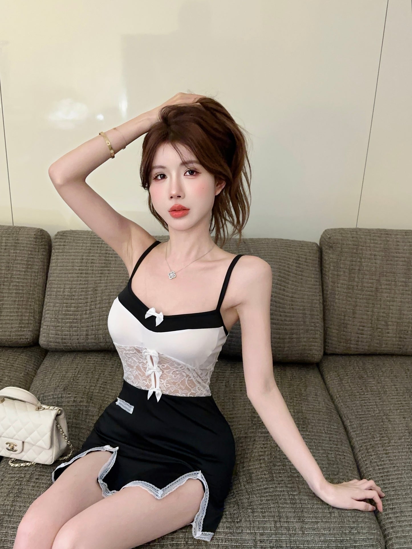 Sweet Black & White Bodycon Side Slit Mini Dress with Lace Panel Everyday Outfit Spaghetti Straps Bow Accent Short Dress AP1716