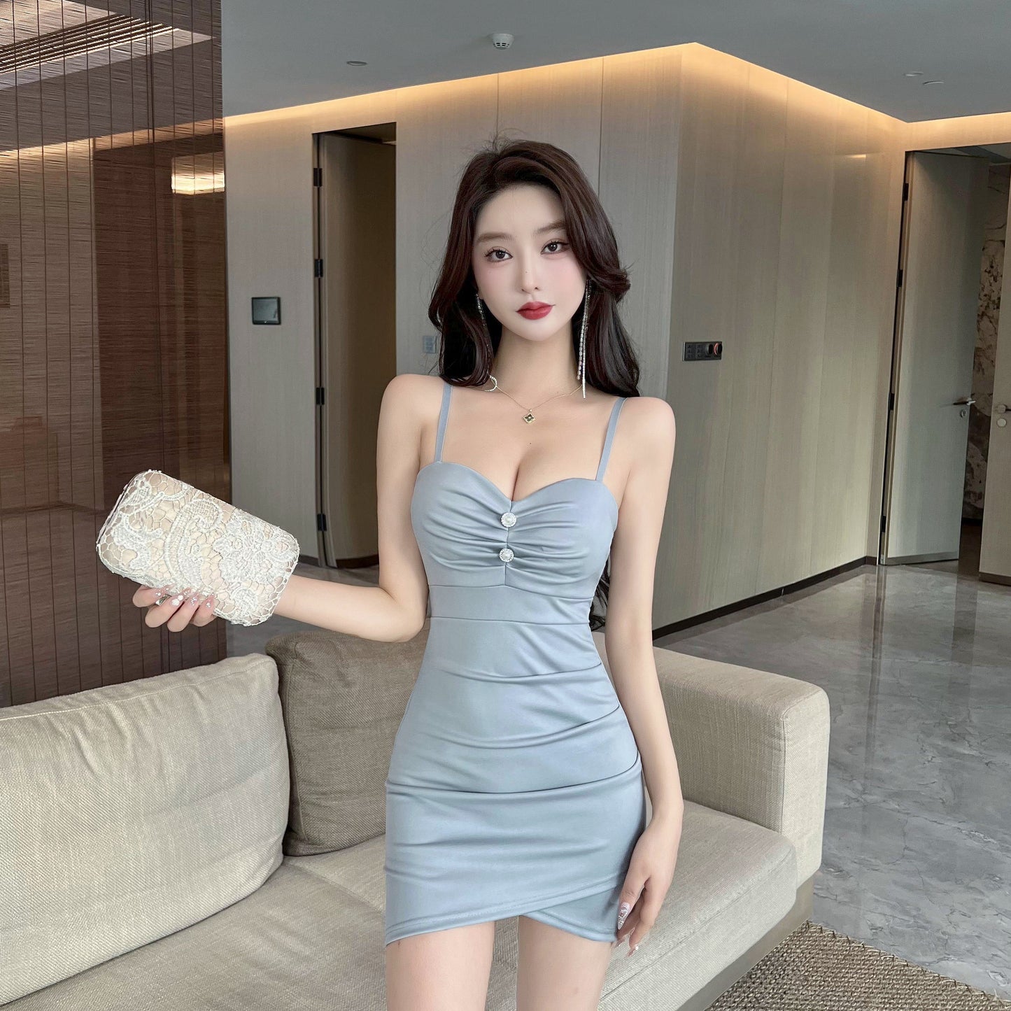 Date Night Bodycon Ruched Mini Dress Everyday Outfit Beaded Spaghetti Straps Short Dress AP1717