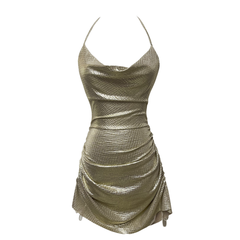 Sexy Gold Sheath Tie-Back Mini Skirt Elegant Sheen Fabric Gathered Sides Bodycon Halter Short Dress AP1718