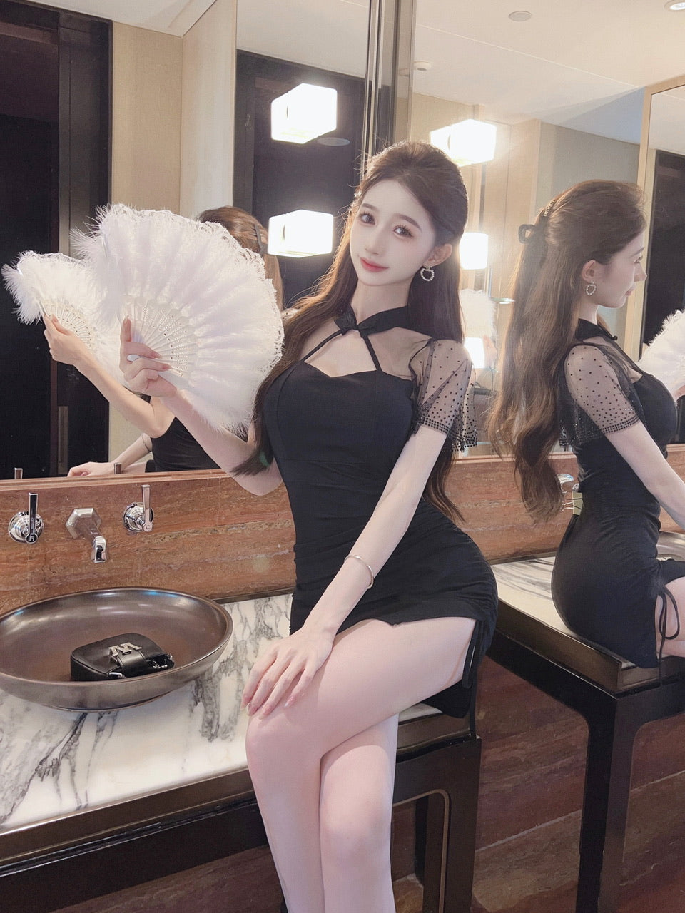 Vintage Black Mesh Splicing Short Sleeve Cutout Mini Skirt Newest Fashion Sheath Side Slit Halter Short Dress AP1719