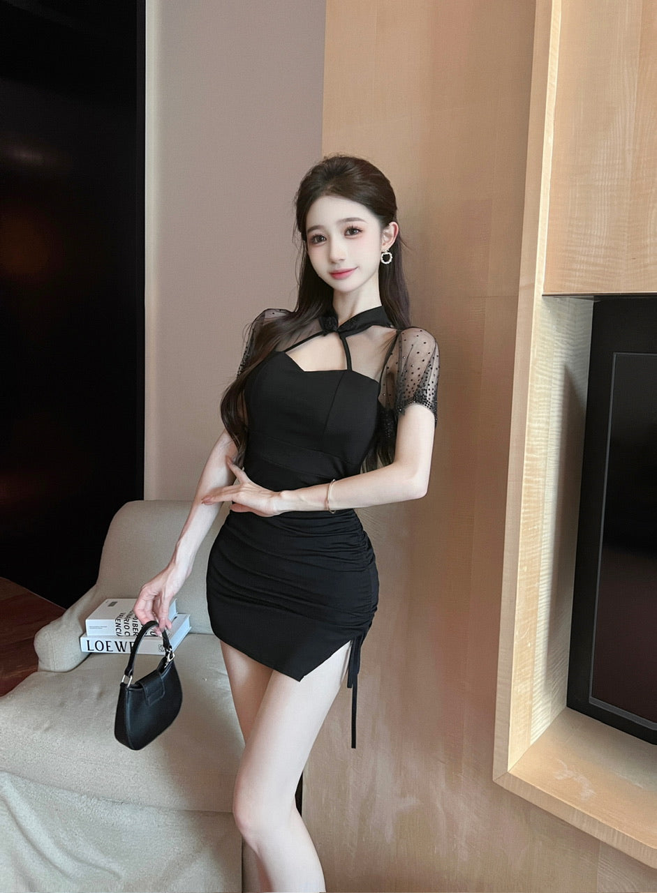 Vintage Black Mesh Splicing Short Sleeve Cutout Mini Skirt Newest Fashion Sheath Side Slit Halter Short Dress AP1719