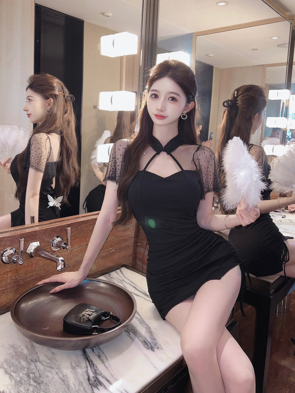 Vintage Black Mesh Splicing Short Sleeve Cutout Mini Skirt Newest Fashion Sheath Side Slit Halter Short Dress AP1719