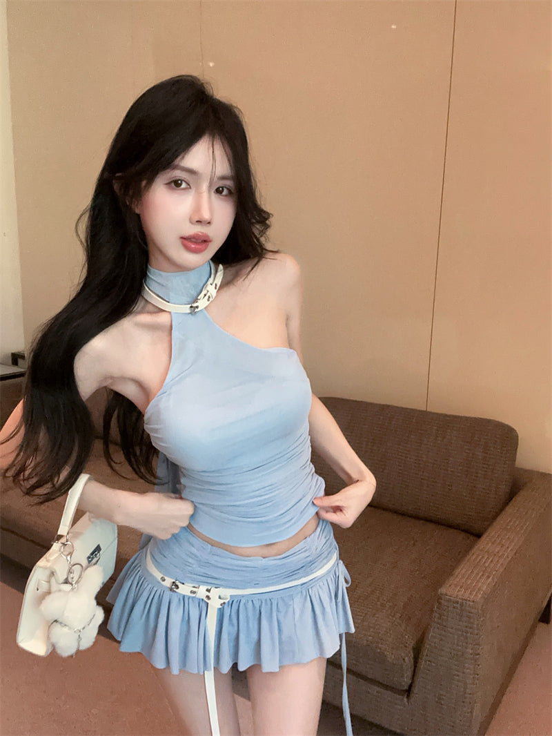 Y2K Style Light Blue Two-Piece Set Mini Skirt Chic Crop Top Ruffles Hem Halter Short Dress AP1720