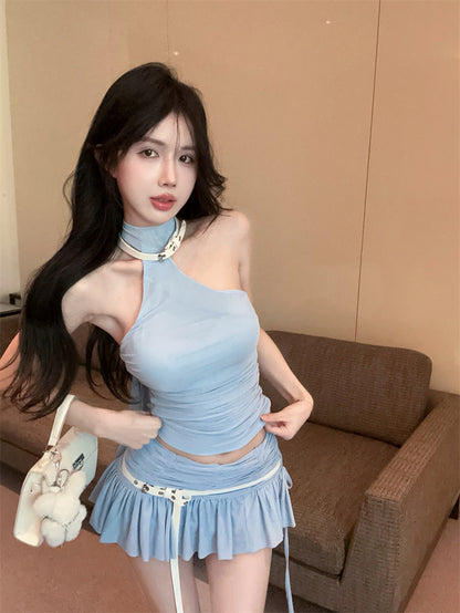 Y2K Style Light Blue Two-Piece Set Mini Skirt Chic Crop Top Ruffles Hem Halter Short Dress AP1720