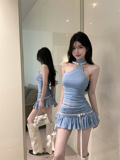 Y2K Style Light Blue Two-Piece Set Mini Skirt Chic Crop Top Ruffles Hem Halter Short Dress AP1720