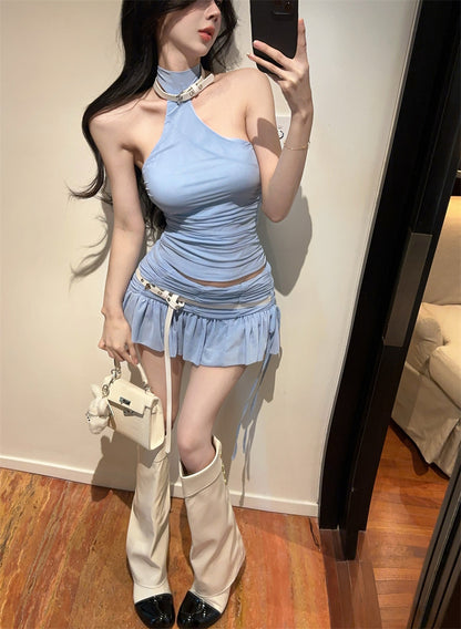 Y2K Style Light Blue Two-Piece Set Mini Skirt Chic Crop Top Ruffles Hem Halter Short Dress AP1720