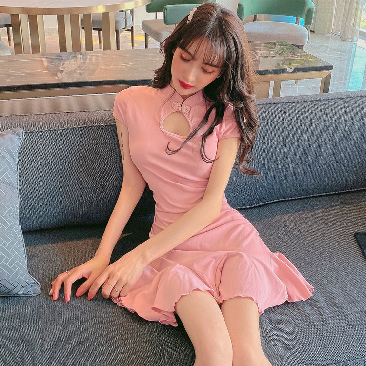 Cute Pink Ruffles Hem Mini Skirt Vogue Oriental Cutout Sheath Short Sleeve Halter Short Dress AP1721