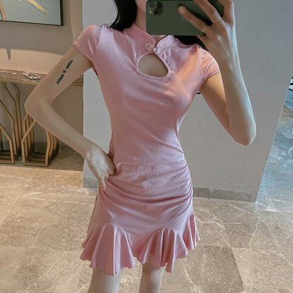 Cute Pink Ruffles Hem Mini Skirt Vogue Oriental Cutout Sheath Short Sleeve Halter Short Dress AP1721