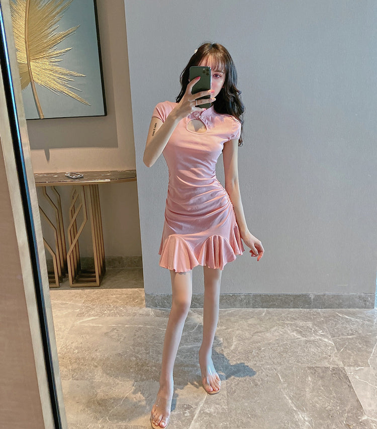 Cute Pink Ruffles Hem Mini Skirt Vogue Oriental Cutout Sheath Short Sleeve Halter Short Dress AP1721