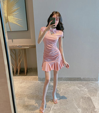 Cute Pink Ruffles Hem Mini Skirt Vogue Oriental Cutout Sheath Short Sleeve Halter Short Dress AP1721