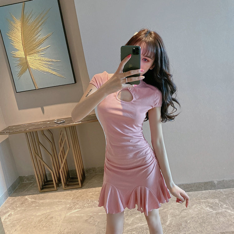 Cute Pink Ruffles Hem Mini Skirt Vogue Oriental Cutout Sheath Short Sleeve Halter Short Dress AP1721